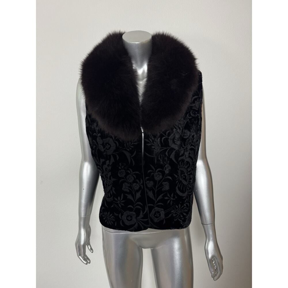 Vintage Adrienne Landau Silk Velvet Vest Fox Fur Collar Embroidered Black USA S - Picture 8 of 11